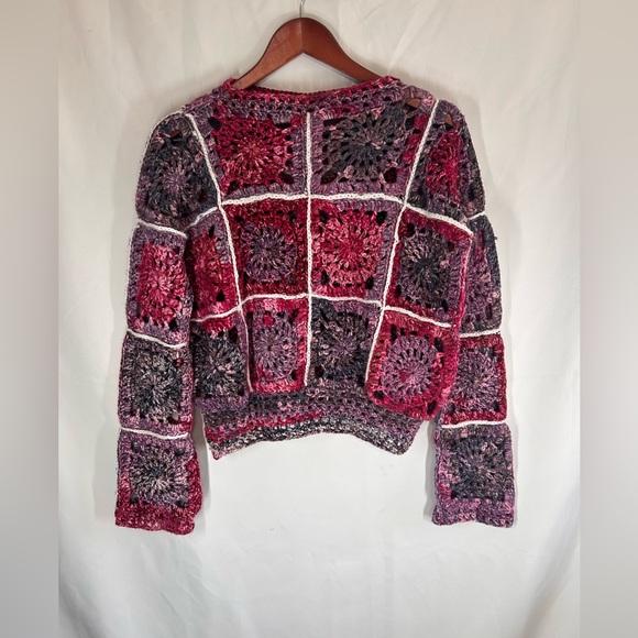Handmade Sweaters - Handcrafted Crochet Sweater Pink Purple OOAK unique woman medium